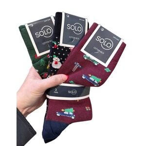 Solo Cotton Rich Men's Christmas Dress Socks One Size 3 Pair Pack Snowman Trees